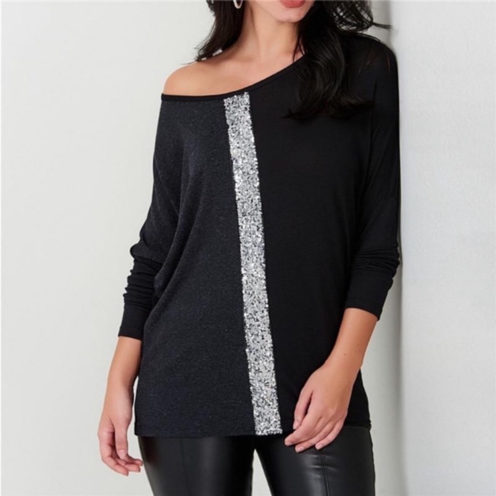 Off Shoulder Sequin Design Long Sleeve Blouse